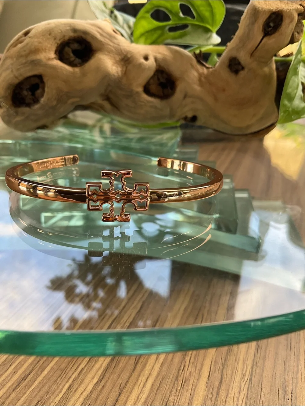 Tory Burch Rose Gold Double-T Logo Bangle Bracelet
